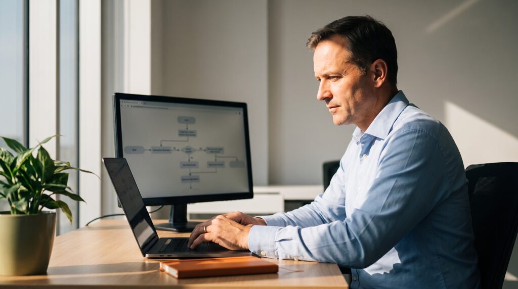 Un cadre configure un agent IA et un flux automatisé sur son ordinateur, formation Le Renard IA