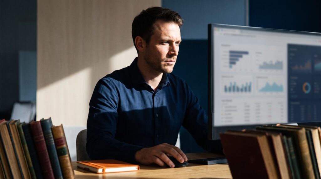 Un professionnel analyse des tableaux de bord et des graphiques Excel avec l’IA, formation Le Renard IA