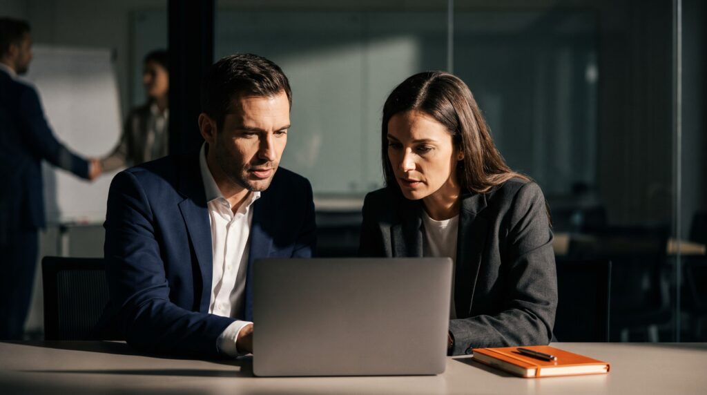 Deux professionnels travaillent ensemble sur une liste de prospects avec l’IA, formation Le Renard IA