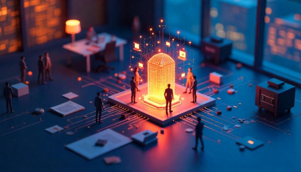 Maquette lumineuse d'un bureau où des personnages entourent un processeur, illustrant l'IA au service des équipes RH