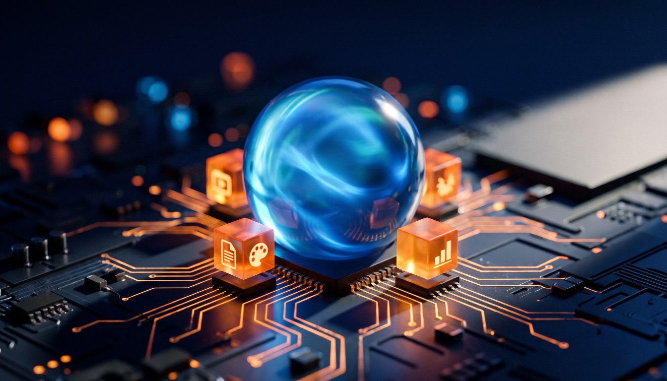 Sphère lumineuse bleue sur une carte électronique, entourée de petits cubes orange qui s'y branchent comme des compétences