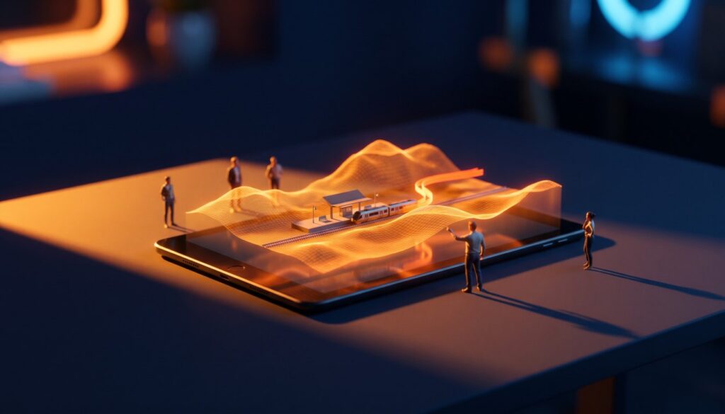 Maquette lumineuse d'un monde 3D projeté au-dessus d'une tablette, que de petits personnages modifient en direct