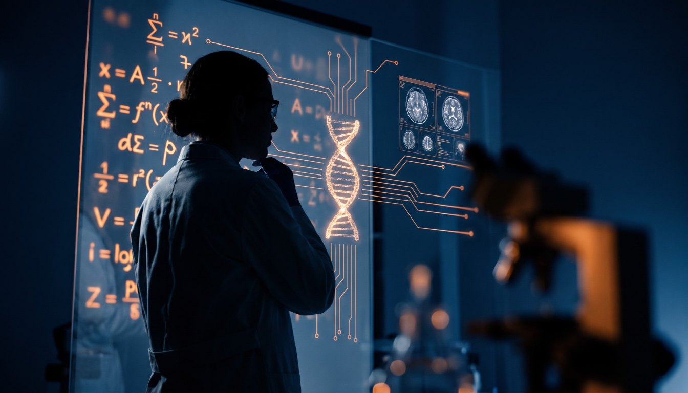 Silhouette d'une chercheuse devant un écran de formules mathématiques, une double hélice d'ADN et des imageries médicales